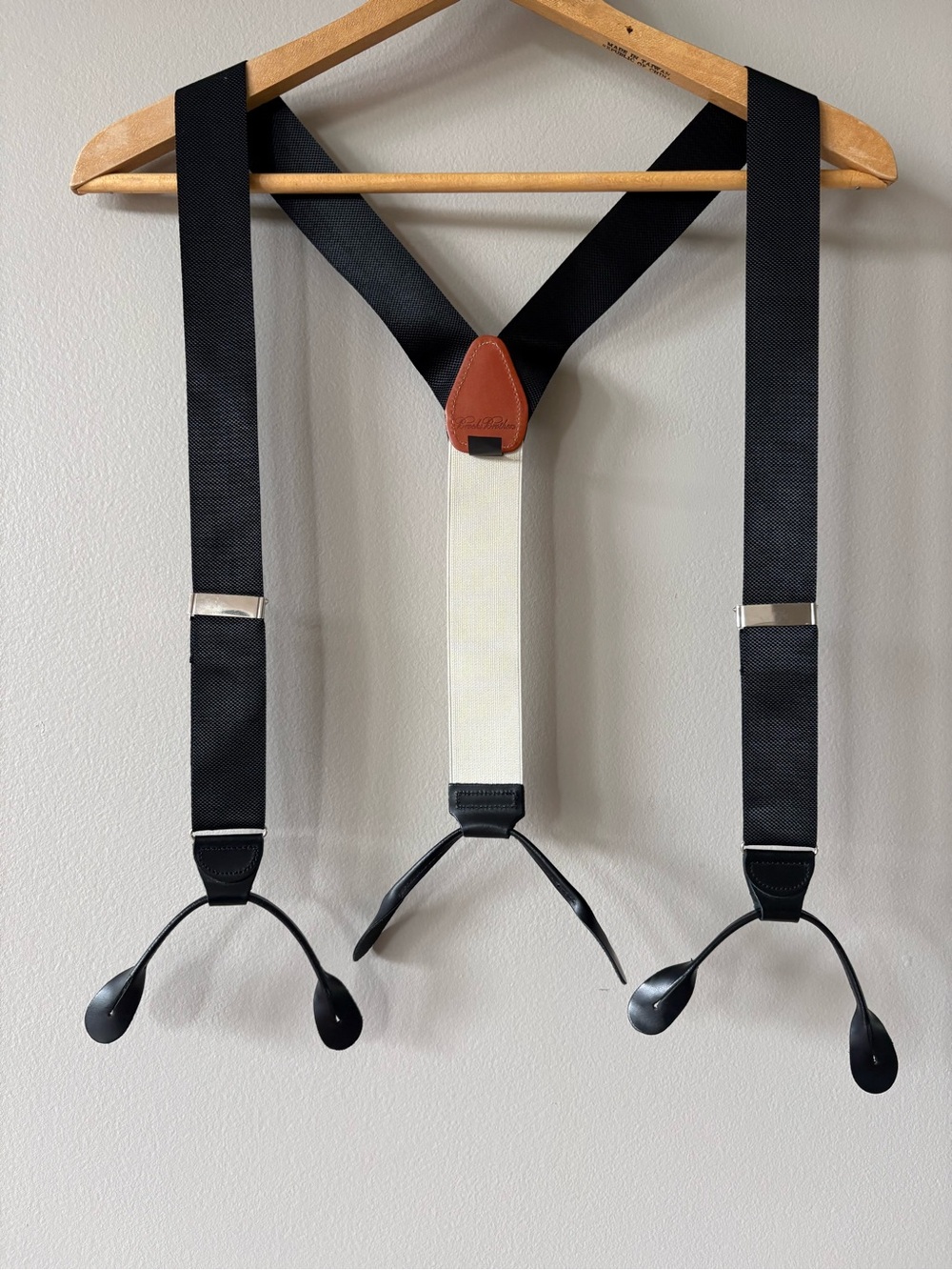 Brooks Brothers Mens Charcoal Y-Back Leather Button Suspenders Braces